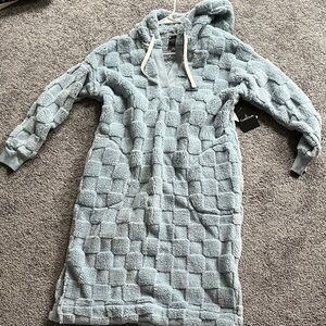 Plush Blue Hooded V-Neck Sweater